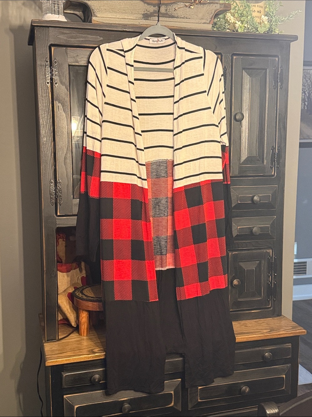 Striped & Buffalo Plaid Open Cardigan - Red/Black